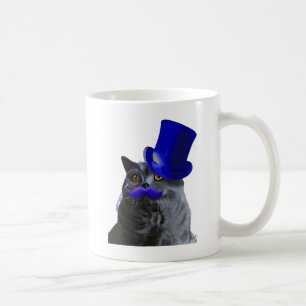 Grey Cat With Blue Top Hat and Blue Moustache Coffee Mug