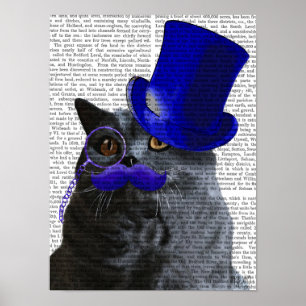 Grey Cat With Blue Top Hat and Blue Moustache Poster
