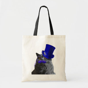 Grey Cat With Blue Top Hat and Blue Moustache Tote Bag