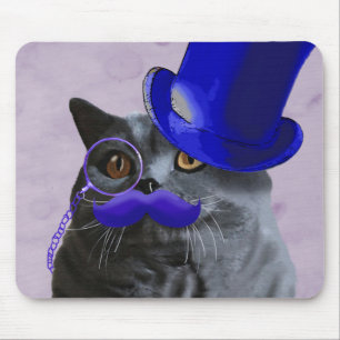 Grey Cat With Blue Top Hat and Moustache Mouse Pad