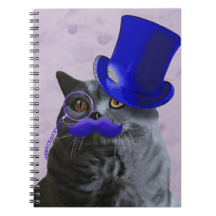 Grey Cat With Blue Top Hat and Moustache Notebook