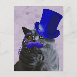 Grey Cat With Blue Top Hat and Moustache Postcard