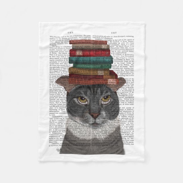 Grey Cat with Books on Head Fleece Blanket (Front)