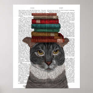 Grey Cat with Books on Head Poster