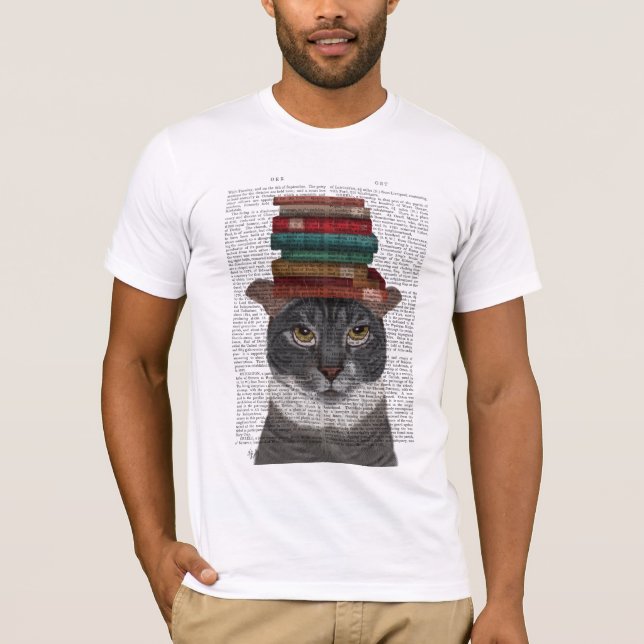 Grey Cat with Books on Head T-Shirt (Front)