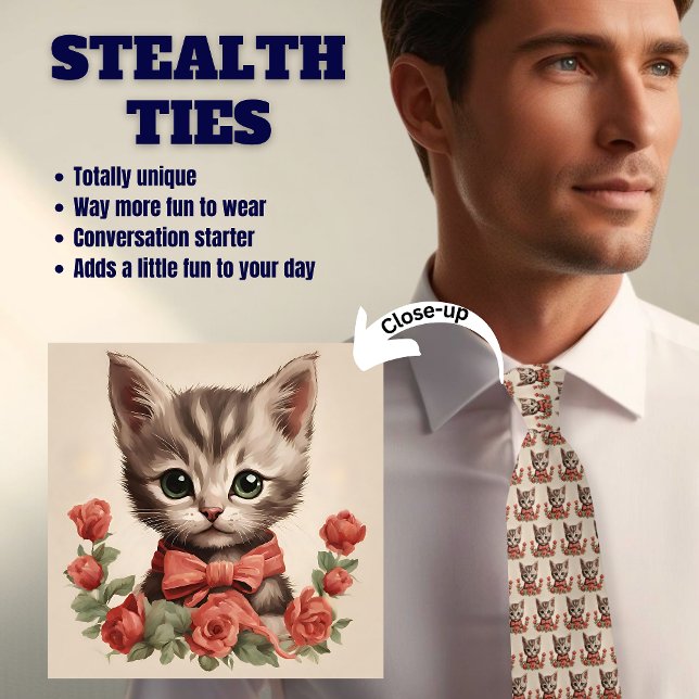 Grey Cat with Bowtie and Roses Stealth Neck Tie (Creator Uploaded)