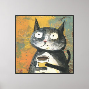 Grey Cat with Coffee on Ochre Canvas Print
