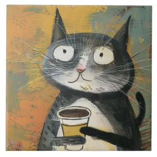 Grey Cat with Coffee on Ochre Ceramic Tile