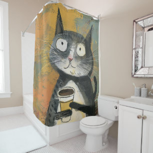 Grey Cat with Coffee on Ochre Shower Curtain