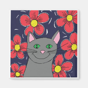 Grey cat with flowers magnet