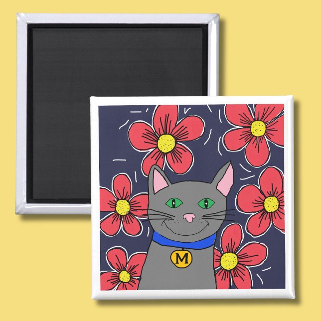 Grey cat with flowers personalise initial magnet (Creator Uploaded)