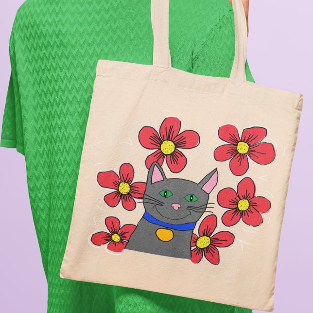 Grey cat with flowers personalise with own initial tote bag (Creator Uploaded)