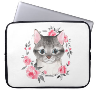 Grey cat with flowers. Watercolor Laptop Sleeve