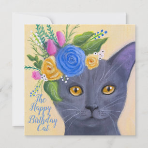 Grey Cat with Flowers Whimsical Art