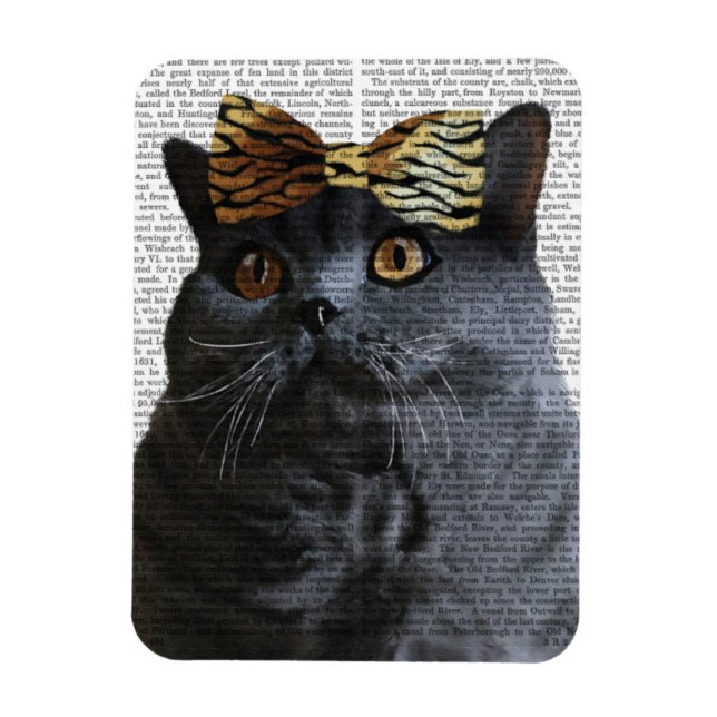 Grey Cat with Leopard Bow Magnet (Vertical)