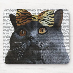 Grey Cat with Leopard Bow Mouse Pad