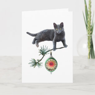 Grey Cat with Ornament Card