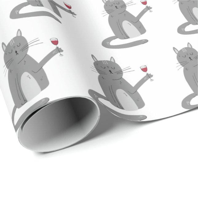 Grey Cat With Red Wine Wrapping Paper (Roll Corner)