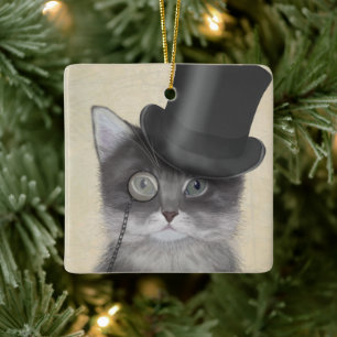 Grey Cat with Top Hat Ceramic Ornament