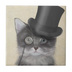 Grey Cat with Top Hat Ceramic Tile
