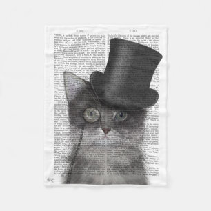 Grey Cat with Top Hat Fleece Blanket