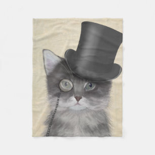 Grey Cat with Top Hat Fleece Blanket