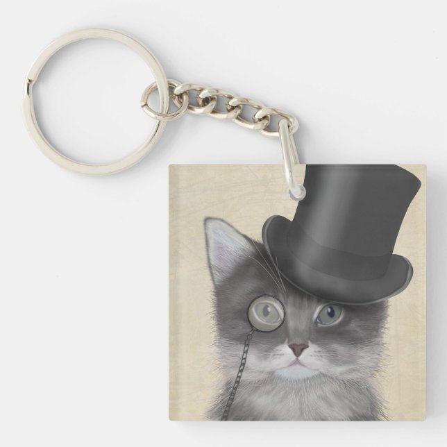 Grey Cat with Top Hat Key Ring (Front)
