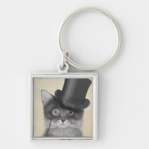 Grey Cat with Top Hat Key Ring