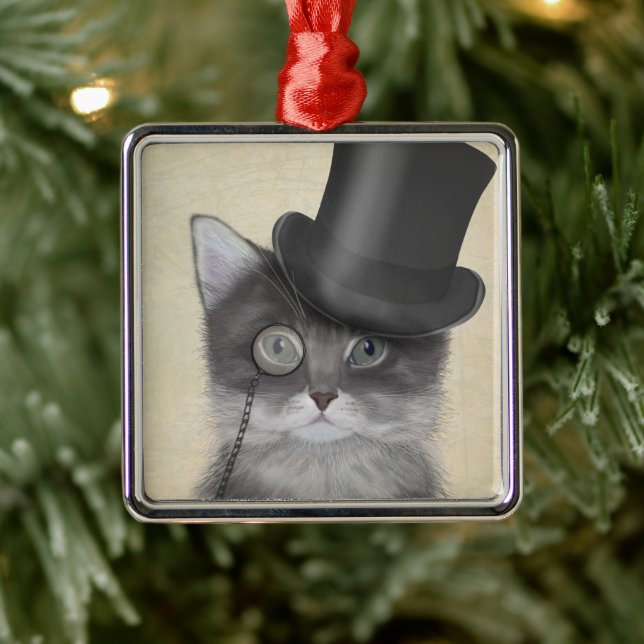 Grey Cat with Top Hat Metal Ornament (Tree)
