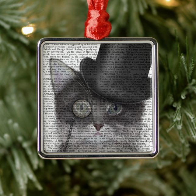 Grey Cat with Top Hat Metal Ornament (Tree)