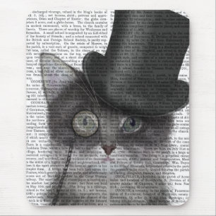 Grey Cat with Top Hat Mouse Pad
