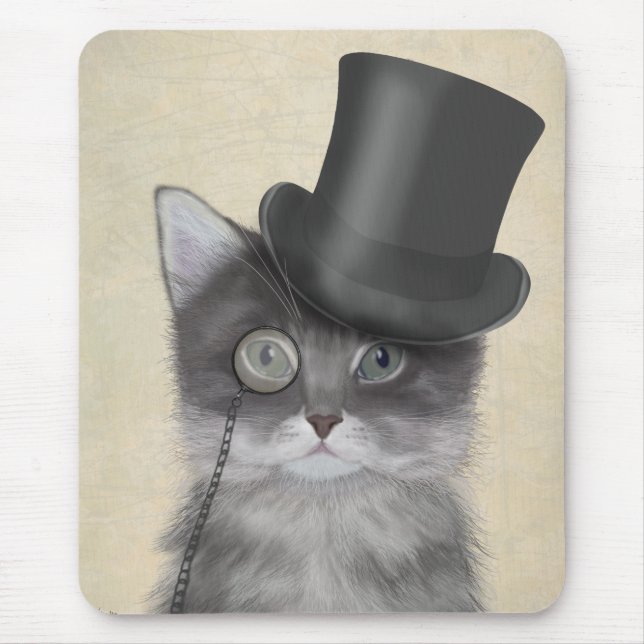 Grey Cat with Top Hat Mouse Pad (Front)
