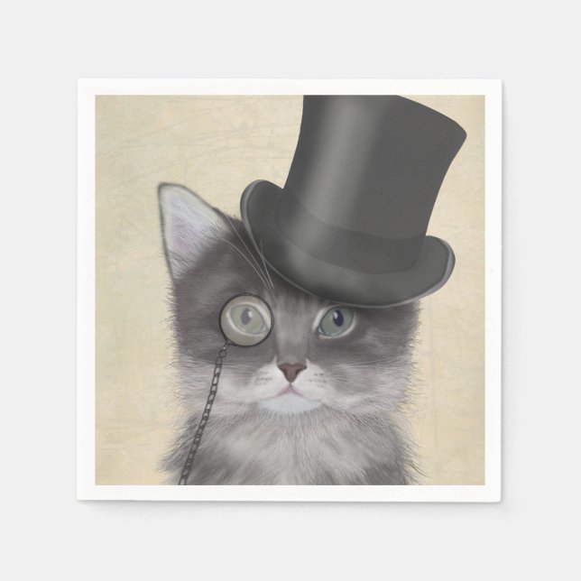 Grey Cat with Top Hat Napkin (Front)