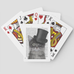 Grey Cat with Top Hat Playing Cards