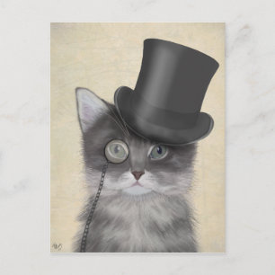 Grey Cat with Top Hat Postcard