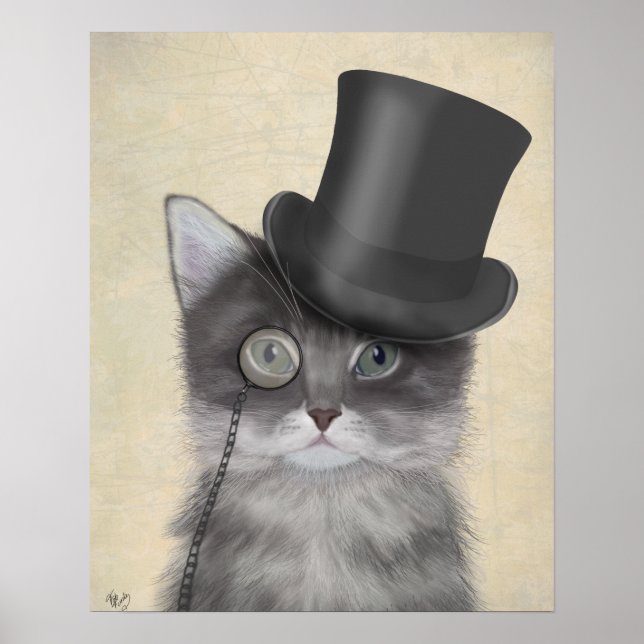 Grey Cat with Top Hat Poster (Front)