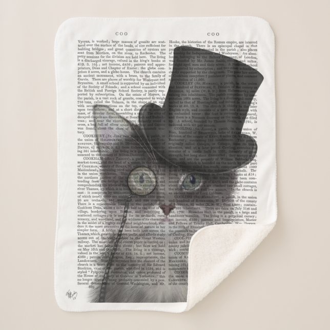 Grey Cat with Top Hat Sherpa Blanket (Front)