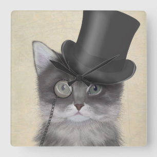 Grey Cat with Top Hat Square Wall Clock