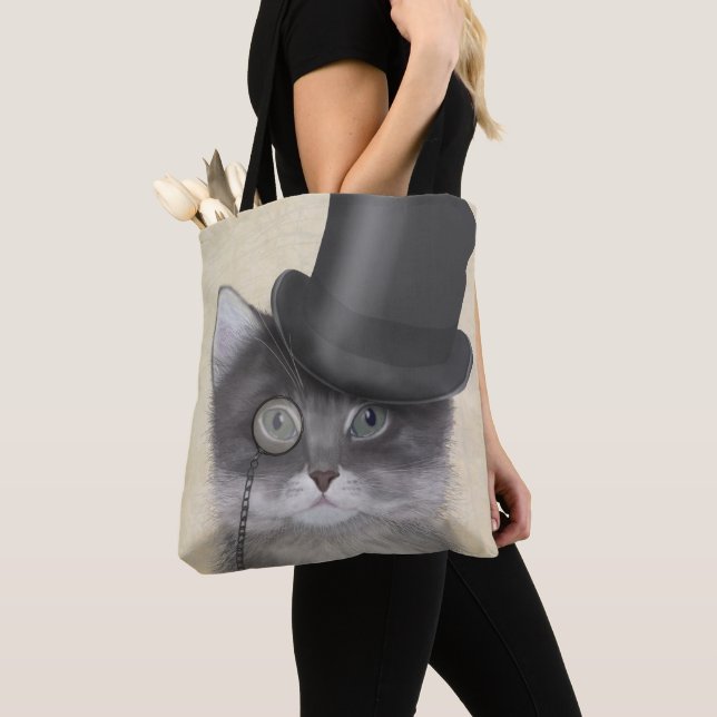 Grey Cat with Top Hat Tote Bag (Close Up)