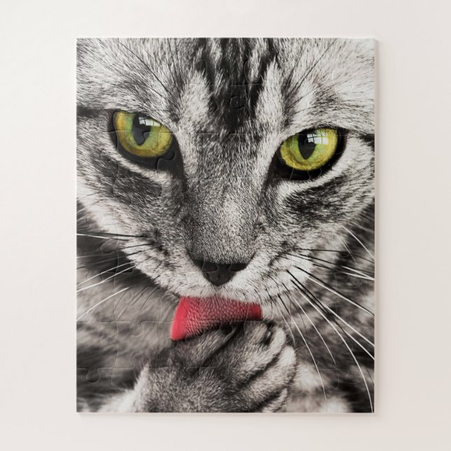 Grey Cat with Yellow Eyes Licking Paw Jigsaw Puzzle (Vertical)