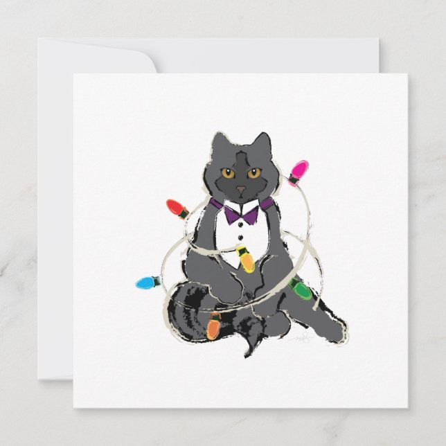 Grey Cat Wrapped In Christmas LIghts Holiday Card (Front)