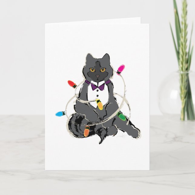 Grey Cat Wrapped In Christmas LIghts Holiday Card (Front)