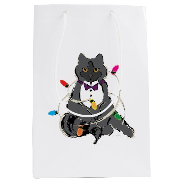 Grey Cat Wrapped In Christmas LIghts Medium Gift Bag (Front)