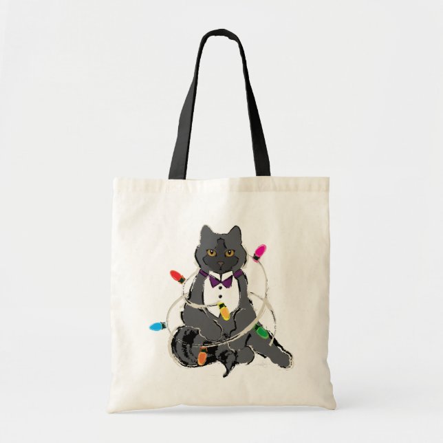 Grey Cat Wrapped In Christmas LIghts Tote Bag (Front)