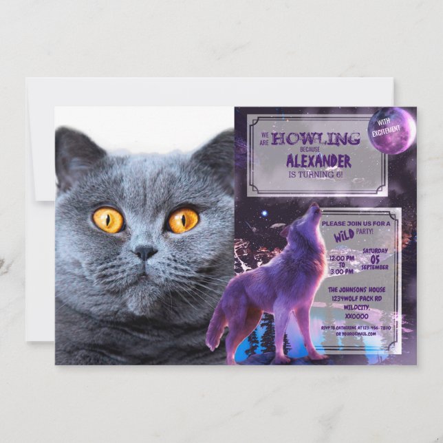 Grey cat yellow eyes invitation (Front)