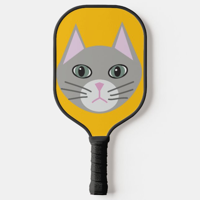 Grey Cat, Yellow Pickleball Paddle (Back)