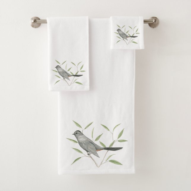 Grey Catbird Bird Art Bath Towel Set (Insitu)