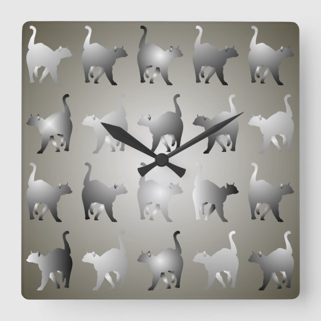 Grey Cats Pattern Square Wall Clock (Front)