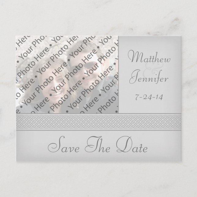 Grey Celtic Knot Photo Save the Date Postcard (Front)