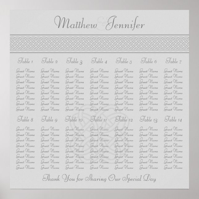 Grey Celtic Knot Wedding Reception Seating Chart (Front)